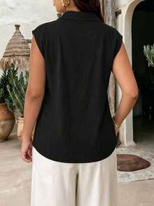 Spring/Summer Plus Size Women's White Linen Blend Lapel Sleeveless Shirt, Side Cutout Line Detail V-Neck Casual Top, Suitable For Daily And Commuting Wear - Black - View 5