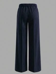 ANCHOSE Women's Casual Elastic Waist Striped Pants, Navy Blue And Pink, Spring/Summer - Navy Blue Vermicelli - View 3