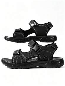 1 Pair Black Classic Solid Color Beach Sandals With Hook-And-Loop Buckle Dual Adjustable Design, Breathable Comfortable Casual Versatile - Black - View 3
