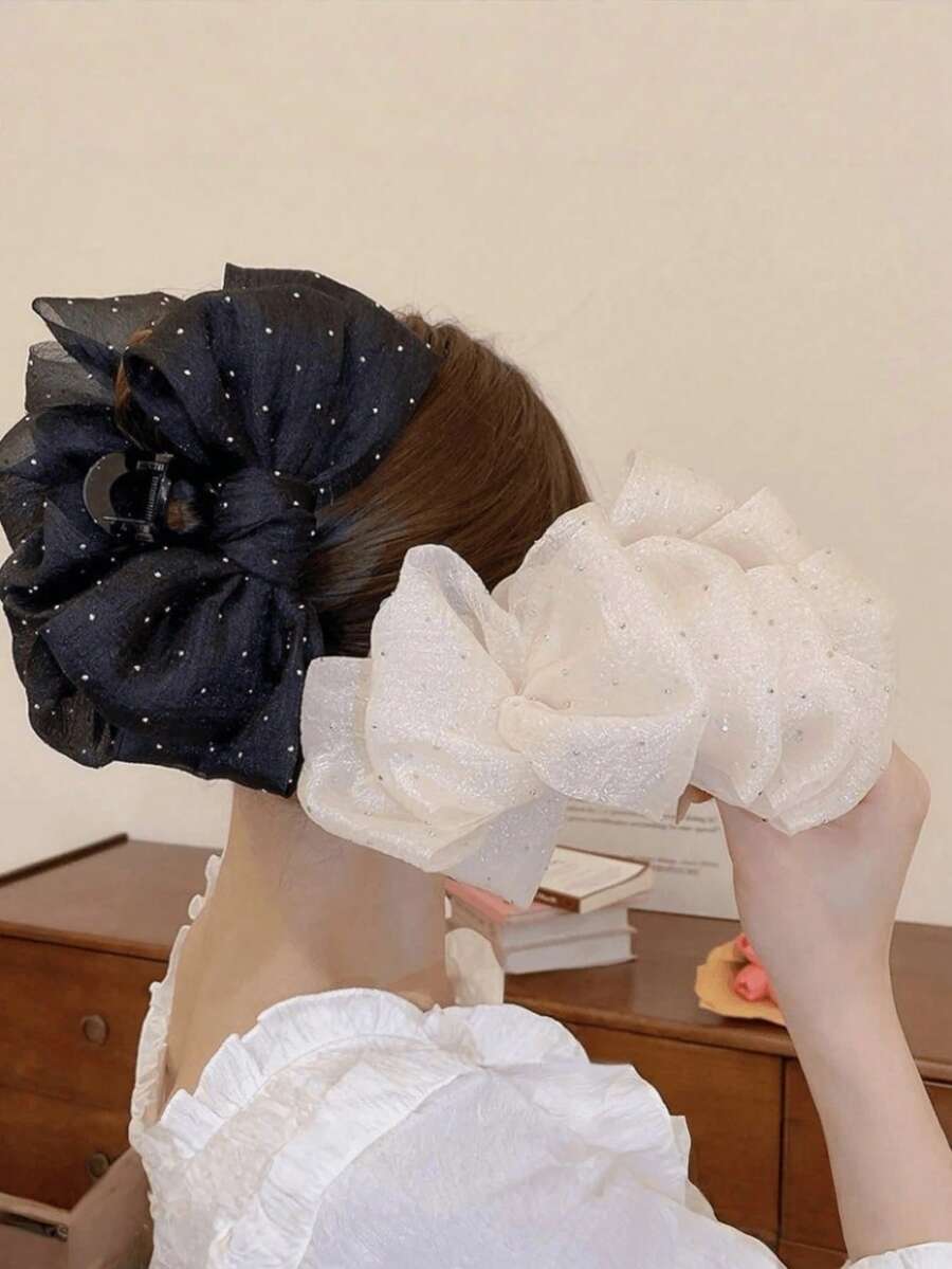 1件新品 網紗緞帶裝飾髮夾,鑲嵌水鑽與雲朵圖案,適合夏季造型,蓬鬆設計,大尺寸髮飾 - 常規款 - 查看 1