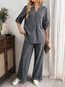 Women'S Casual Grey Striped Fall Cotton Two‑Piece Outfit, Notch‑V Roll‑Sleeve Top & Wide‑Leg Pants For Commute Casual Outfits, Elitara - Grey - View 6