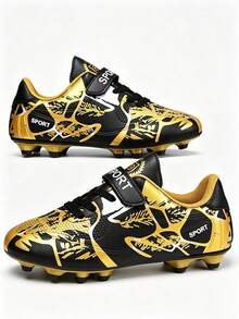 1 Pasang Sepatu Sepak Bola Motif Kamuflase Hitam & Emas, Paku Panjang, Anti Selip Cepat, Penutup Velcro, Mudah Dipakai/Dilepas, Ringan & Bernapas (Pola & Warna Kamuflase Asimetris pada Bagian Atas) - emas hitam - View 5