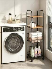 4‑Tier Rolling Storage Cart, Metal‑Wood Slim Organizer With Lockable Wheels & Wire Baskets, Mobile Storage Rack For Bathroom, Laundry, Kitchen Narrow Corner, Perfect For Home Users Storing Towels, Toiletries & Cleaning Supplies - Multicolor - View 3