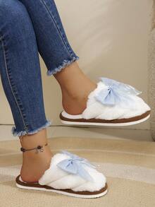 Women's Large Bow Plush Slippers, Soft Sole, Sweet Girl Style, Warm, Fluffy, Fuzzy, One-Strap Slide Slippers For Autumn/Winter Home Wear - Blue - View 5