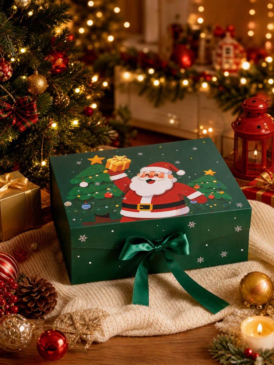 1pc Christmas Gift Box, Decorative Holiday Packaging Box With Ribbon Bow, Reusable Home Christmas Party Gift Wrapping, Holiday Party And Home Gift Giving, Christmas Home Decor - Multi-color - View 1