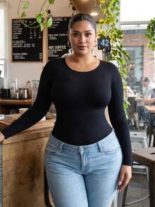 PAUKEE Plus Size Women's Shaping Long Sleeve Top, Tummy Control, Waist Shaping, Seamless Design Sports Bras, Lingerie For Women Plus Size, Lounge Sets For Women, Corset Tops For Women - Black - View 3