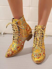 Women's Vintage Jacquard Ankle Boots, Pointed Toe Lace-Up Chunky Heel Ankle Boots, Chinese Style Floral Fabric - Yellow - View 4