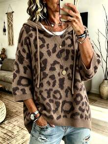 Plus Size Women's Leopard Print Hooded Pullover Sweater With Three Quarter Drop Shoulder Sleeves And Drawstring Detail, Perfect For Fall Wear - Coffee Brown - View 1