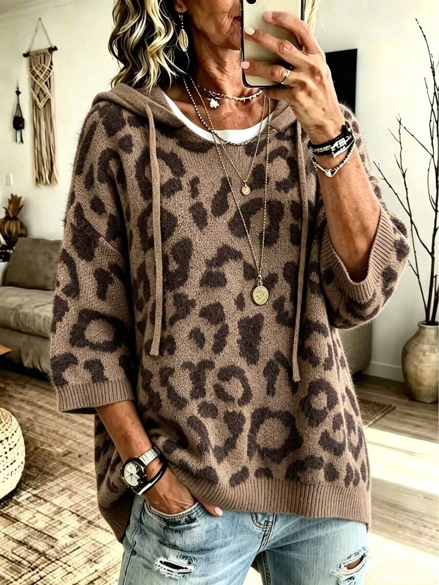 Plus Size Women's Leopard Print Hooded Pullover Sweater With Three Quarter Drop Shoulder Sleeves And Drawstring Detail, Perfect For Fall Wear - Coffee Brown - View 1