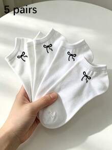 1/5 Pairs Bowknot Minimalist Comfortable Breathable Women's Boat Socks, Classic Solid Color Short Socks, Suitable For All Seasons Daily Wear - White - View 8