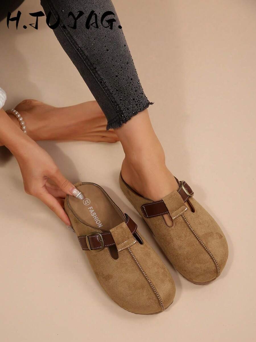 New Spring/Summer Metal Buckle Thick Sole Suede Casual Slip-On Mule Sandals For Women - Camel - View 1