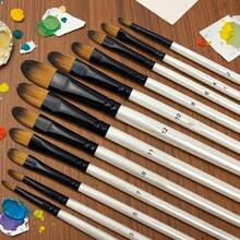 12pcs Professional Beige Bristle Paint Brush Set, Nylon Bristles, Perfect For Acrylic, Watercolor And Oil Painting, Suitable For Beginners And Experienced Artists - Sets - View 1