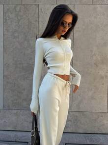 Women's Minimalist Home Ribbed Slim Fit Knit Cardigan & Wool Drawstring Loose Wide Leg Pants Set, Autumn Outfit, Medium Stretch Loungewear - Apricot - View 6