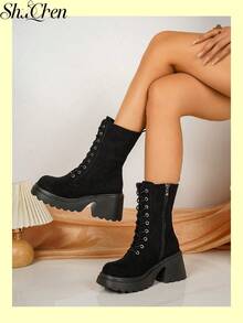 1 Pair Black Lace Up Side Zipper Platform Women Boots Winter Boots Fall Boots Street Daily Mid Calf Boots - Black - View 1