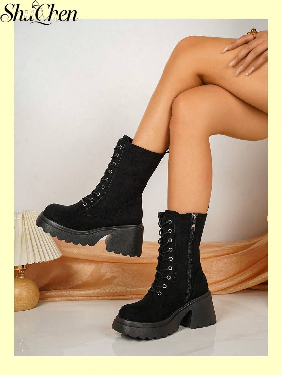 1 Pair Black Lace Up Side Zipper Platform Women Boots Winter Boots Fall Boots Street Daily Mid Calf Boots - Black - View 1