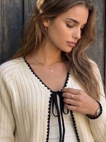 Gentle Style Lace-Up Outerwear, Full-Body Vertical Striped Cable Cable Contrast Color Wavy Hem, Versatile Short Knit Top, Suitable For Daily Commute, Date, Afternoon Tea - Apricot - View 4