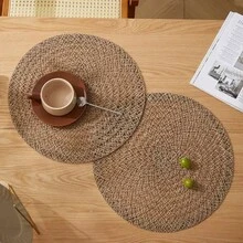 1/4/6/12pcs Bohemian Style Solid Color Woven Round Placemats, Dining Table Decor, Home Party Table Setting, Home Decoration, Christmas Decor, Halloween Decor, Thanksgiving, Back To School, Valentine's Day, Party - Mocha Brown - View 7