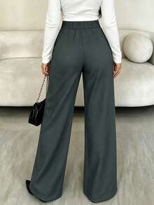 Women's High Waist Wide Leg Suit Pants With Gold Button Decor - Dark Grey - View 2