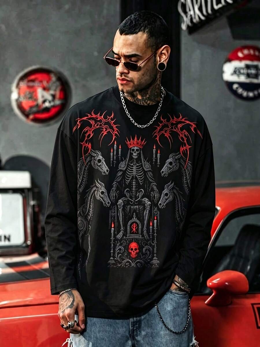 Men's Dark Gothic Skull Metal Style Oversized Long Sleeve T-Shirt - Black - View 1