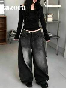 Korean Style Slimming Cold Shoulder Versatile Long Sleeve T-Shirt Top Autumn Clothing - Black - View 7