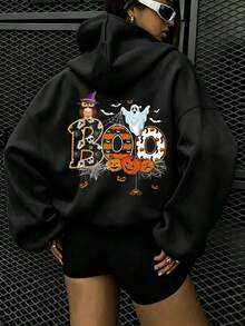 BOO Halloween Letter Print Plus Size Women's Casual Autumn/Winter Long Sleeve Pocket Sweatshirt Black - Black - View 2