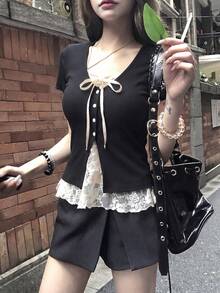 Korean Style Lace Patchwork Short Sleeve Blouse, Fitted & Slimming Design, Unique & Summer Top Black - Black - View 2