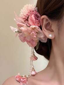1pc Pink Tassel Flower Hair Clip, Fairy Style Side Hair Pin For Women Cheongsam, Beach Hair Accessory Bun Holder - Pink - View 2