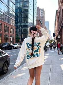 Women's Long Sleeve Knitted V-Neck Sweatshirt, Ocean Protection Graphic, Ideal Casual Back-To-School Style For Autumn - White - View 3