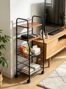 4‑Tier Rolling Storage Cart, Metal‑Wood Slim Organizer With Lockable Wheels & Wire Baskets, Mobile Storage Rack For Bathroom, Laundry, Kitchen Narrow Corner, Perfect For Home Users Storing Towels, Toiletries & Cleaning Supplies - Multicolor - View 5