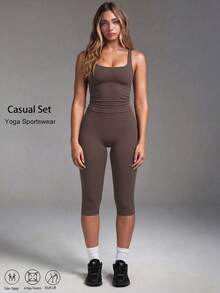 Women's Casual Sports 2 Pieces Set, U-Neck Backless Sleeveless Tank Top With Removable Padded Cups, High-Waisted Slim-Fit Capris, Suitable For Yoga, Running, Outdoor Sports - Brown - View 1