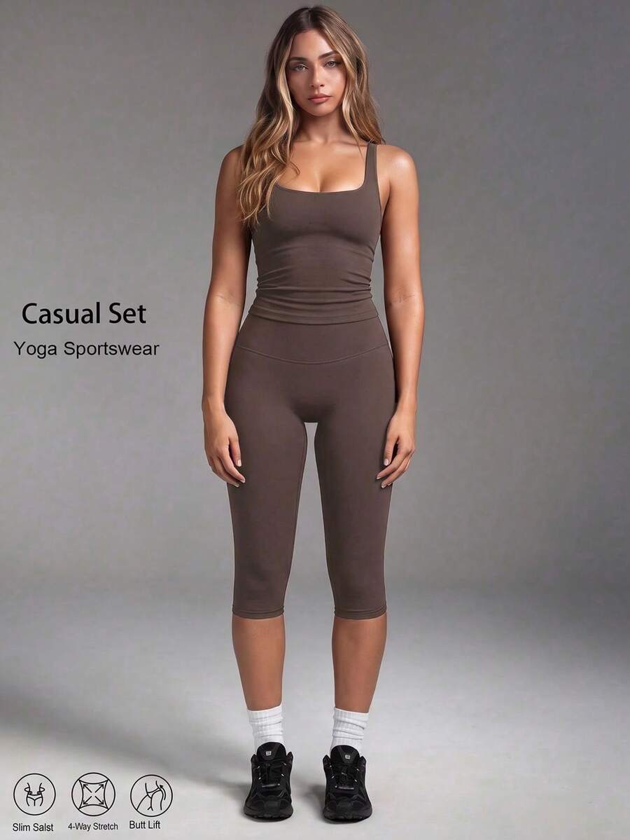 Women's Casual Sports 2 Pieces Set, U-Neck Backless Sleeveless Tank Top With Removable Padded Cups, High-Waisted Slim-Fit Capris, Suitable For Yoga, Running, Outdoor Sports - Brown - View 1