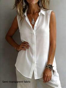 Women's Fashionable Sleeveless Collared Shirt, Versatile Loose Casual Commute Camisole Top, Semi-Sheer Solid Color With Front Button Closure, Everyday Wear - White - View 3