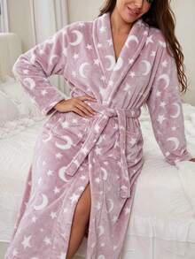 Plus Size Women's V-Neck Long Sleeve Flannel Thickened Robe, Casual Star & Moon Pattern With Belt, Long Robe Loungewear For Autumn/Winter - Dusty Pink - View 5