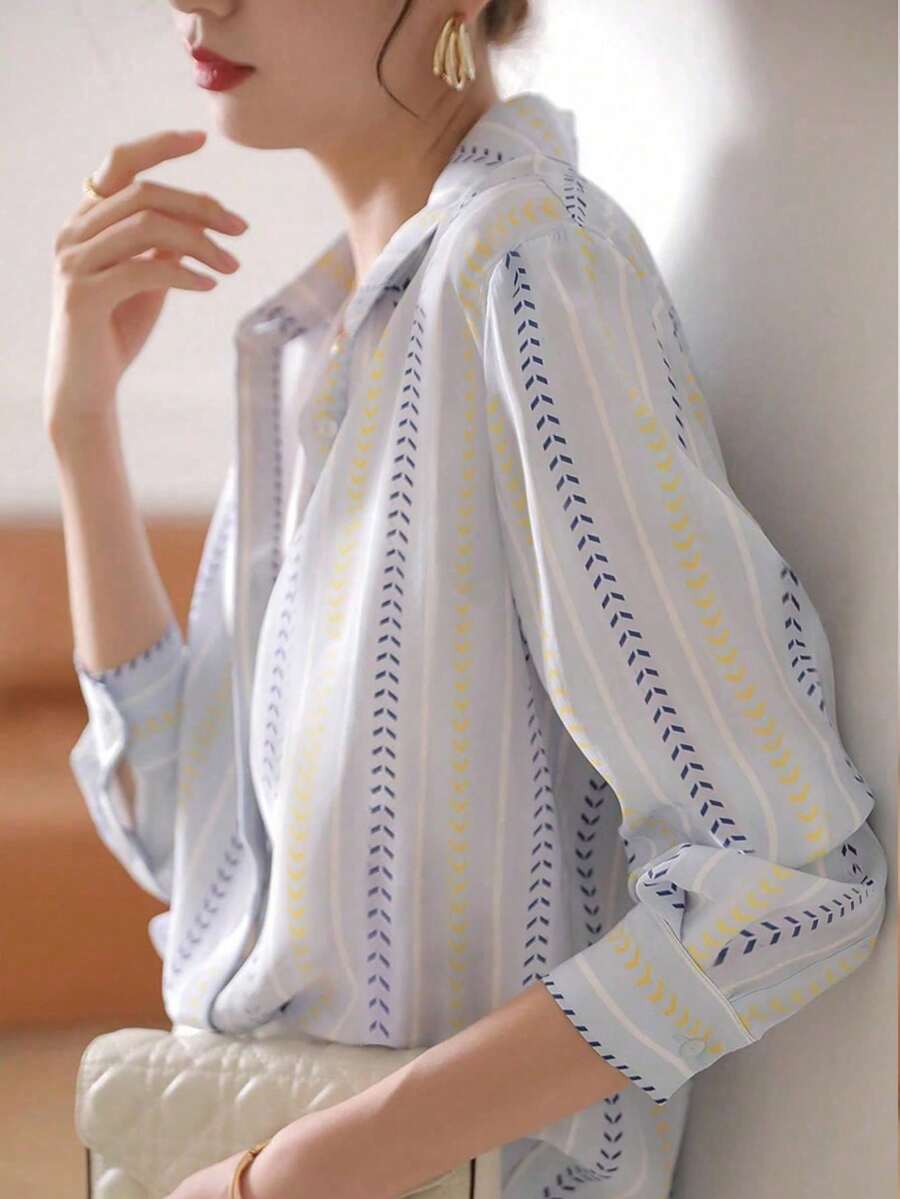 女士秋季条纹开襟优雅衬衫，商务休闲女士上衣，初秋时尚长袖衬衫