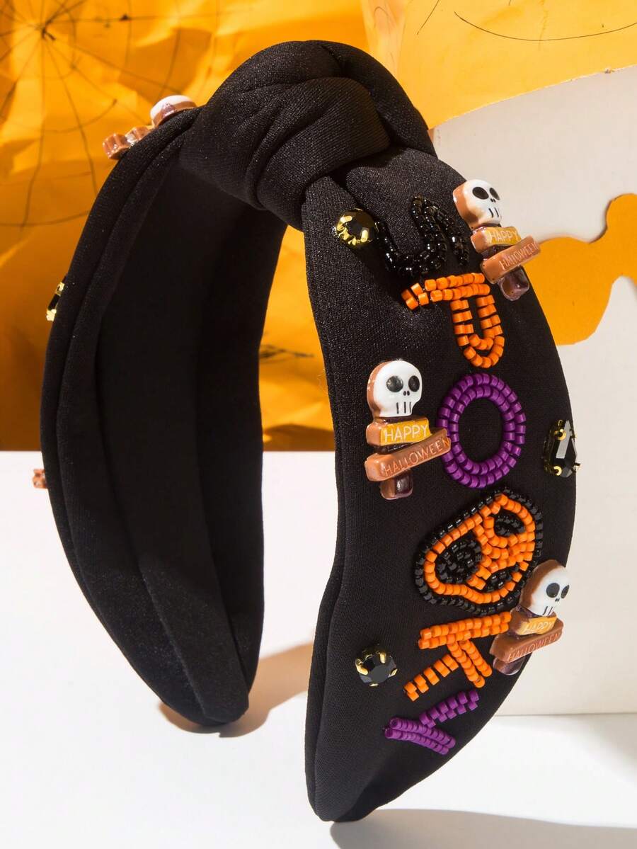1件歐美時尚新款暗黑風萬聖節女款髮箍，刺繡英文字母裝飾，恐怖骷髏髮飾，適合女性在派對與活動佩戴，萬聖節配件