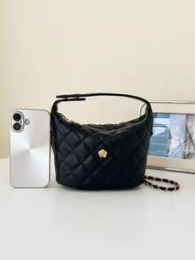 1pc Classic Diamond Quilted Mini Bucket Purse, Camellia Metal Embellishment, Adjustable Leather Woven Chain Strap Women Shoulder Crossbody Bag - Multicolor - View 4