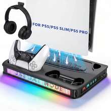 Pixel Style RGB Cooling Base, Compatible With P5, P5 Slim And P5 Pro Disc/Digital Edition, Dual Controller Charging Base, 3-Speed Turbo Cooling Fan, 9 RGB Lighting Modes, 3 DIY Customizable Display Panels, Headphone Holder And USB Expansion - View 14