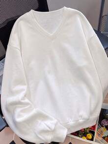 Women's Long Sleeve Knitted V-Neck Sweatshirt, Ocean Protection Graphic, Ideal Casual Back-To-School Style For Autumn - White - View 5