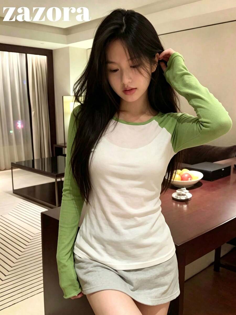 女款對比色網格拼接長袖上衣,復古酷感薄款微透修身內搭T恤,秋季 - 橄欖綠 - 查看 1