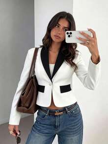 Women's Autumn Fashion Elegant Slim Fit Knit Lapel Black & White Contrast Color Faux Pocket Single Button Versatile Jacket - White - View 1