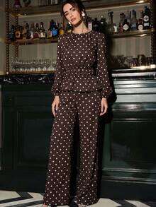 Brown Polka Dot Puff Sleeve Round Neck 2 Pieces Set, Elastic Waist Design, Includes Shirt And Wide Leg Pants, Suitable For Office, Casual And Vacation, Autumn Outfit, Halloween - Brown - View 2