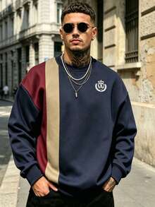 Men's Vintage Vertical Striped Colorblock Print Crew Neck Loose Drop Shoulder Sweatshirt - Multicolor - View 1