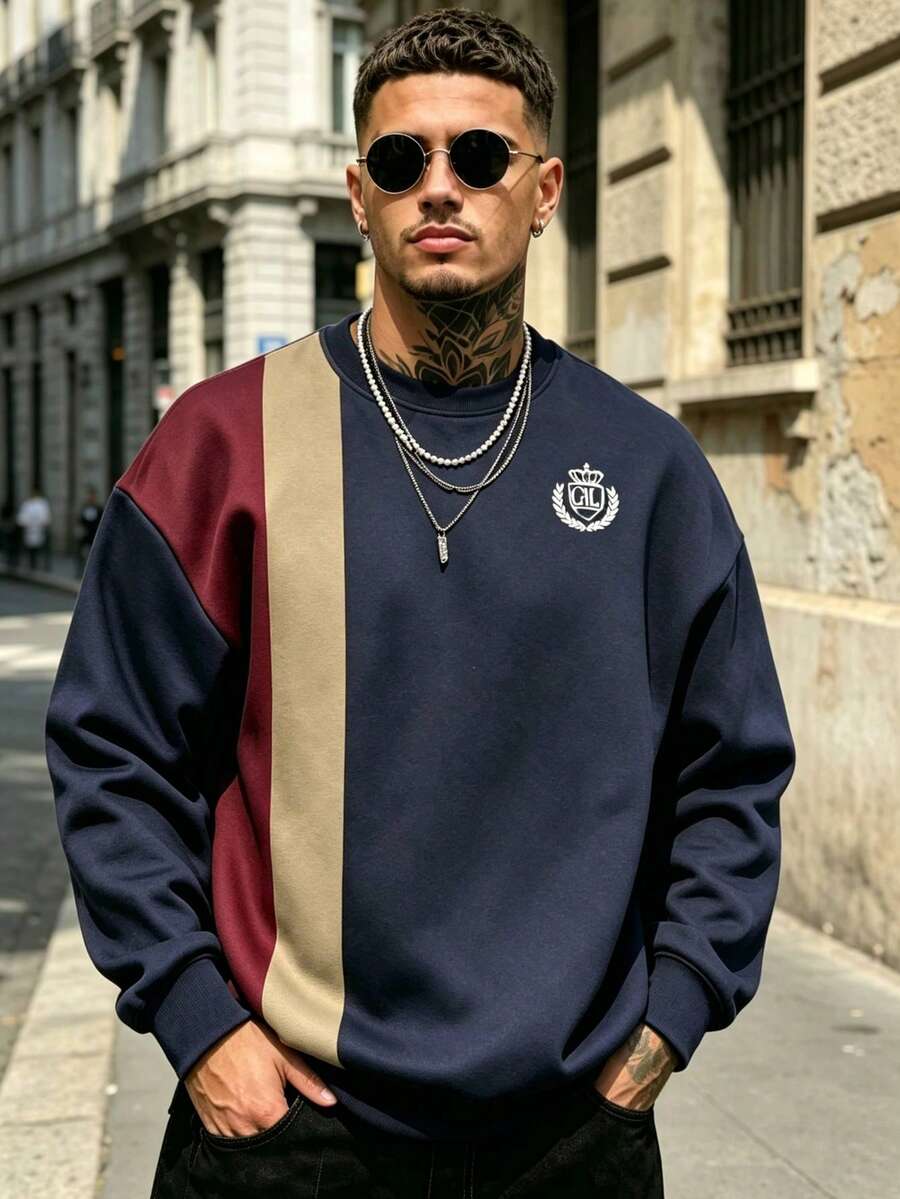 Men's Vintage Vertical Striped Colorblock Print Crew Neck Loose Drop Shoulder Sweatshirt - Multicolor - View 1