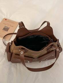 Vintage Patchwork Multi‑Pocket Shoulder Crossbody Bag - Khaki - View 2