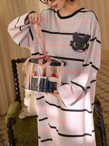Gongdie Universal Women Toothless Nightgown,Spring Fall Gray Contrast Striped Soft Cotton Loungewear With Pocket - Grey - View 2