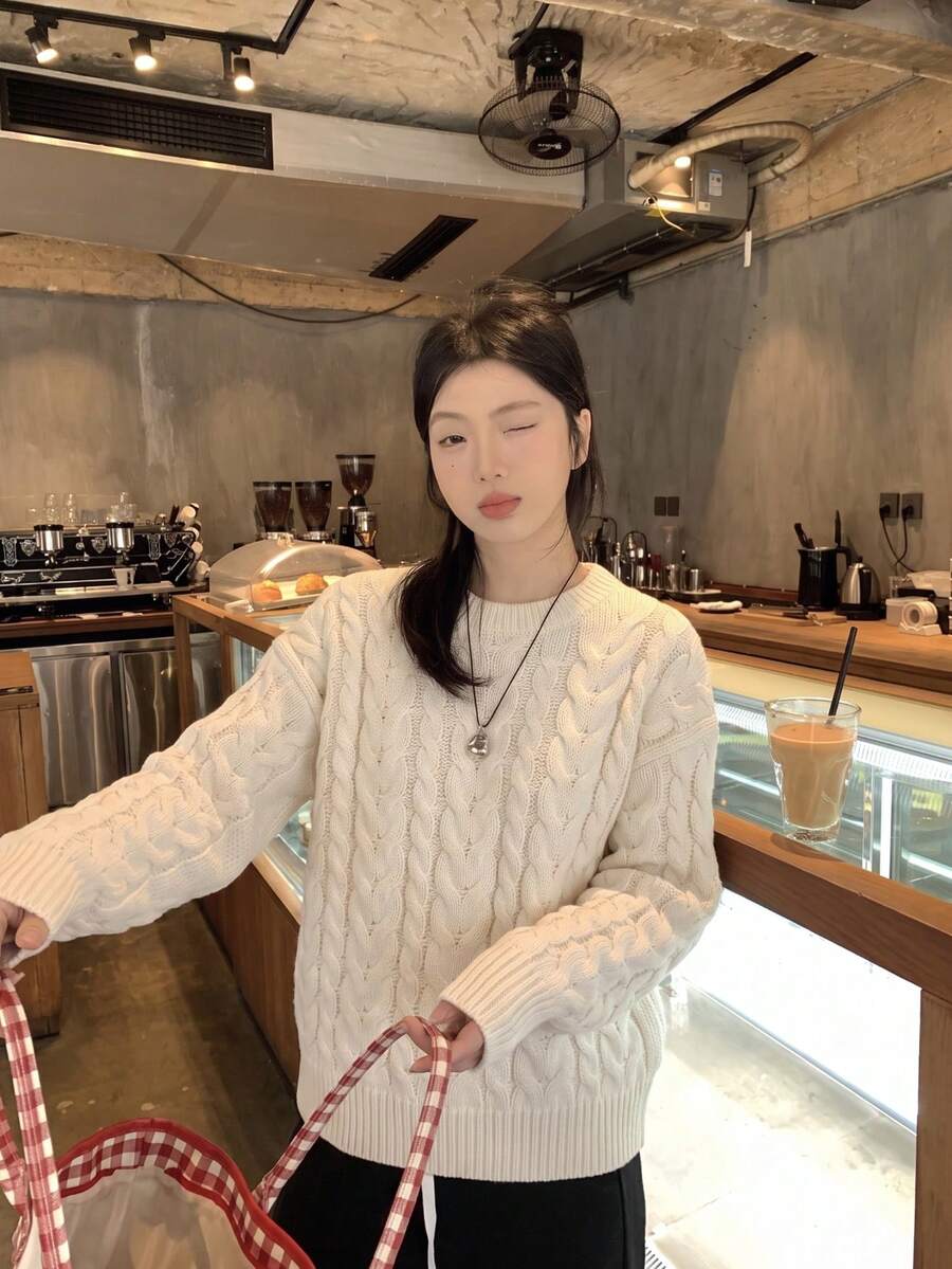 2026 Autumn/Winter New Loose Casual Beige Cable Knit Women's Sweater Top Fall - Beige - View 1