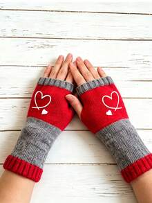 Autumn/Winter Colorblock Knit Fingerless Wrist Warmers With Cute Heart Print, Elastic Warm Gloves For Women, Daily Use - Multicolor - View 8