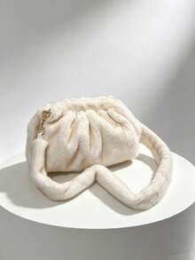 Soft Plush Cloud-Shaped Clasp Bag For Women, Autumn/Winter New Wrinkled Underarm Bag, Faux Rabbit Fur High-End Niche Crossbody Shoulder Bag, Versatile Small Bag - White - View 2