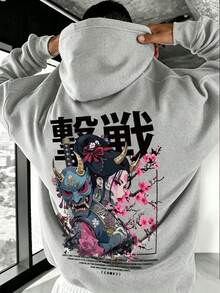 男士秋冬休閒時尚街頭風日常通勤日系動漫角色標語印花袋鼠口袋抽繩連帽衛衣 - 灰色 - 查看 1