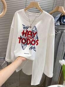 Personalized Fish Pattern & Western Slogan Print White Long Sleeve T-Shirt, Loose Fit, Flattering, Spring/Autumn Inner Layer, Base Layer - White - View 1